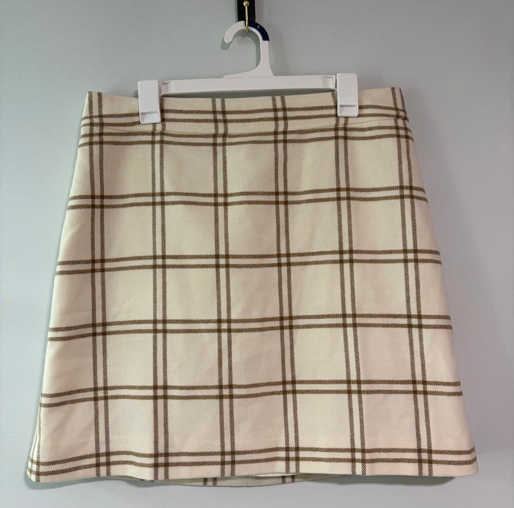 J.Crew Wool Windowpane Plaid Mini Skirt Size 14 Cream Brown Preppy